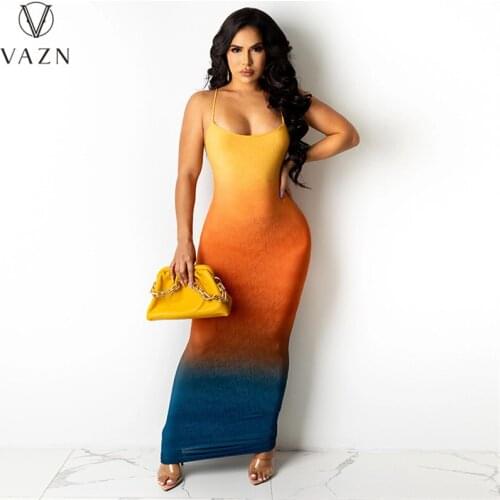 VAZN 2021 New Arrival Sexy Young Free Holiday Open Sweet Backless Spaghetti Strap Long Dress Women High Waist Thin Maxi Dress