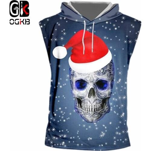 OGKB New Man Creative Snowflake Pattern 5XL 6XL 3D Printed Christmas Cap And Skull Mens Hooded Tank Top