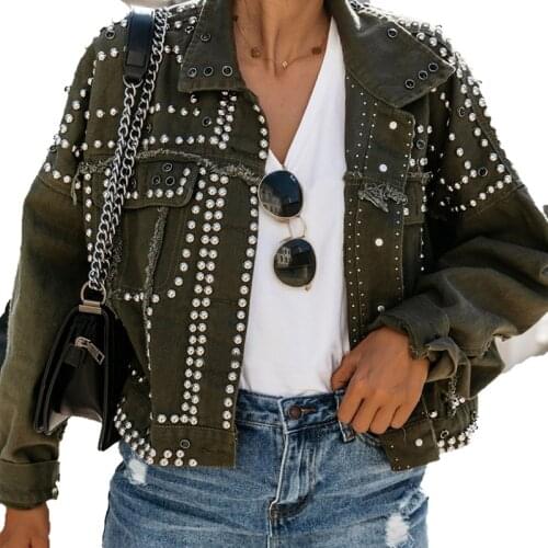 Autumn womens Long Sleeve Casual Style Acrylic 2021 Trendy Fashion Denim Rivet Jacket Solid Color Short Loose Comfortable Coat