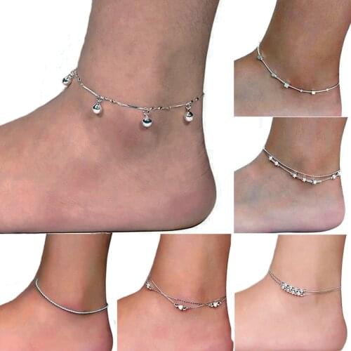 Simple Silver-plated Alloy Chain Anklet Silver Crystal Pendant Beach Anklet Anklets Women Cuban Link Jewelry Gift Leg Bracelet