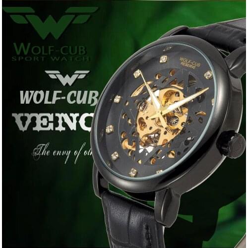 INVI Luxury Mens Mechanical 3bar Waterproof Male Wrist Watch Leather Strap Stainless Steel Business Mechanical Watch WOLF-CUB