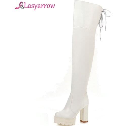 Lasyarrow Over the Knee Boots Women Square Punk High Heel Platform Long Boots 2019 Autumn Winter Boots Black White Shoes Women