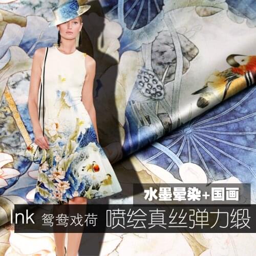 PRINTED SILK STRETCH SATIN 118cm width 19momme Positioning Painting Digital Printing Blue Color