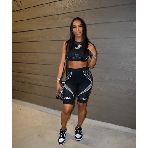 VAZN 2021 Sport Fitness Sleeveless Print Set High Street Tracksuit Top Short Pant Sexy Young High Waist Skinny Women 2 Piece Set
