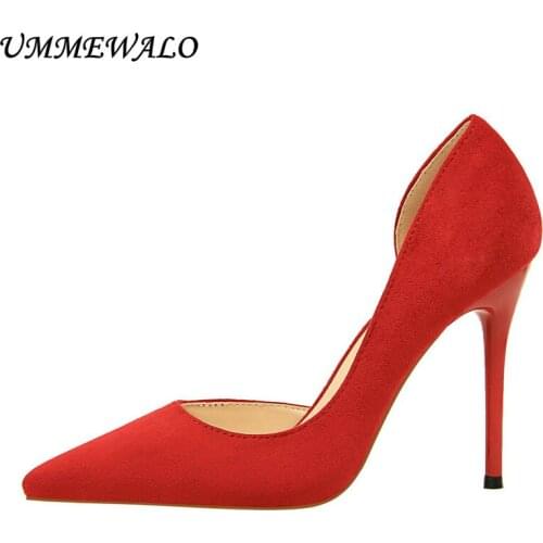 UMMEWALO High Heels Shoes Women Solid Color Design Pointed Toe Flock Pumps Women Super High Shoes Ladies Shoes New Arrival