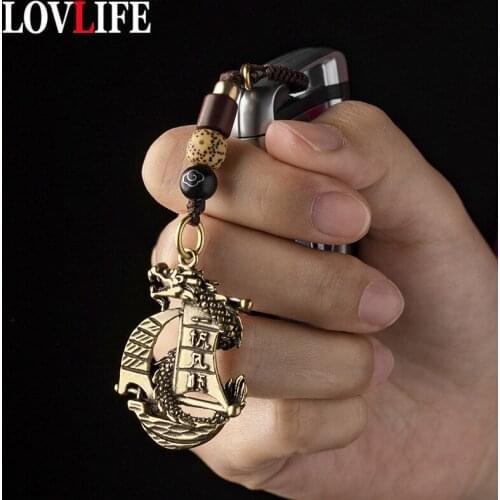 Handmade Rope Brass Dragon Sailing Boat Lanyard Keychain Pendant Jewelry Vintage Lucky Sailboat Feng Shui Keyring Hanging Charms