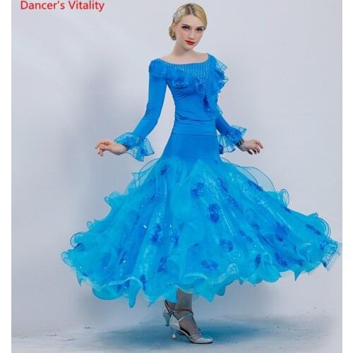 Adult Ballroom Dance Suit Long Sleeves Tops +Big Swing Skirt 2pcs/set For Women Latin Waltz Tango Dance Performance Costumes