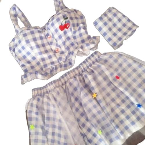 Women Kawaii Summer Swimwear Split Bikini Beach Sexy Cute 3 Piece High Waist Skirts Japanese Tops Plaid Flounce Bathing Suit