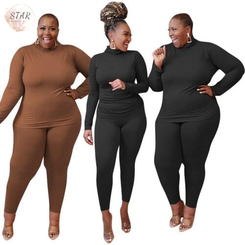 Plus Size Clothing Two Piece Set Women S-5XL Turtleneck Solid T Shirt Leggings Stretchy Knitted Home Sets Wholesale Dropshipping