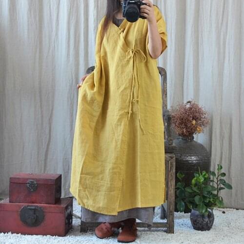 Johnature Women Vintage Cotton Linen Dresses Belt Solid Color V-Neck Short Sleeve Autumn Robes 2021 Button Female Chinese Dress
