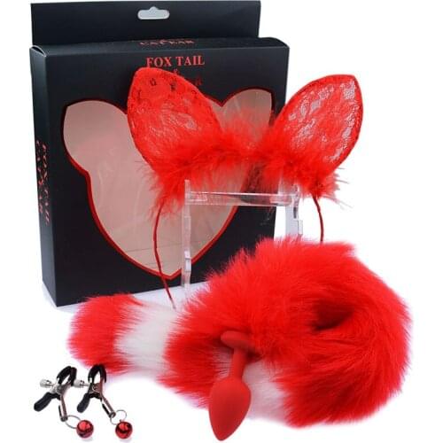 Artificial tail Silicone Anal Plug Fox tail Ear Butt Plug Nipple Clamps Adult Games Anus Dilator Stimulator Sex Toys For Couples