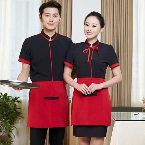 Free Shipping Hotel Waiter Workwear 2017 Summer Short Sleeve Tie Shirt+Apron Cheap Internet Bar BBQ Restaurant Staffs Uniform