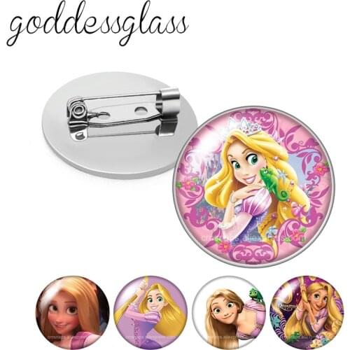 Disney Tangled Rapunzel Princess Round Glass cabochon Silver color Brooch Dome Photo Jewelry Brooches Pin For Gift