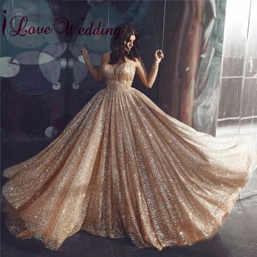 Evening Dresses Long Sexy Deep V Neck A Line Party Gown Custom made Gold Sequin Formal Dress Evening Gown