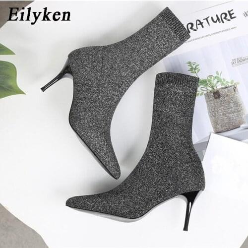 Eilyken Plus Size 34-42 Stiletto High Heels Booties Fashion knitting Stretch Fabric Sock Boots Women Pointed Toe Party Shoes