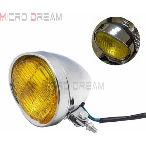 Old School Style Chrome Amber Lens H4 High/Low Bulb Retro Headlight Lamp For Cruisers Chopper Bobber Cafe Racer Custom Universal