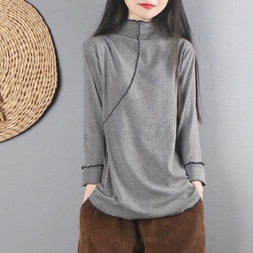 Femme Cotton Tops Plus Size Spring Autumn Arts Style Women Long Sleeve Turtleneck Tshirt All-Matched Casual Solid Tee Shirt