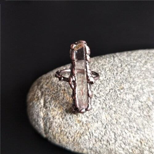 FUWO Hot Sale Natural Clear Quartz Ring With Antique Copper Plated Retro Semi Precious Stone Jewelry Wholesale 5pcs/lot RG033