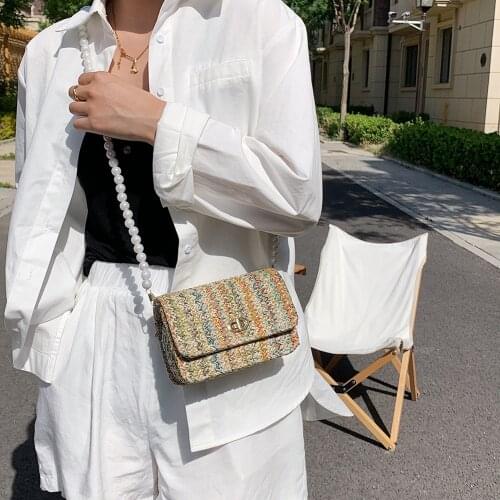 Summer Beach Womens Straw Bags Woven Shoulder Crossbody Messenger Bag Ladies Pearl Chain Shopper Mini Flap Purses and Handbags