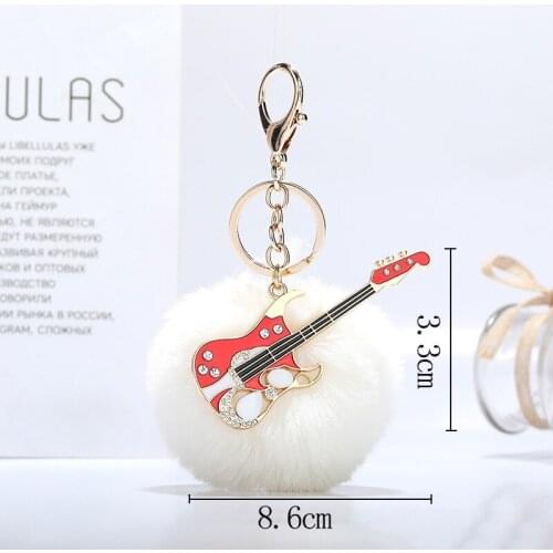 Fashion Key Chain Fluffy Pompom Tower Guitar Pendant Keychain Fake Fur Ball Keyring For Man Women Charms Party Gift 2021 New