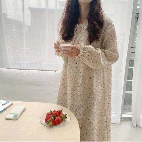 Night Dress Women New Sexy Ruffle Nightgown Cherry Print Sleep Dress Loose Casual Homewear Long Sleeve O-Neck Soft Nightdress