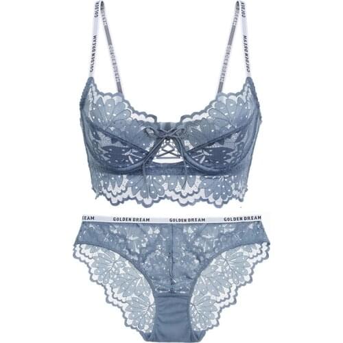 2021 New Sexy Lace Ultra Thin Bra with Stones Letters Printed Straps Bandage Bra and Briefs Set Underwear Women French Lingerie