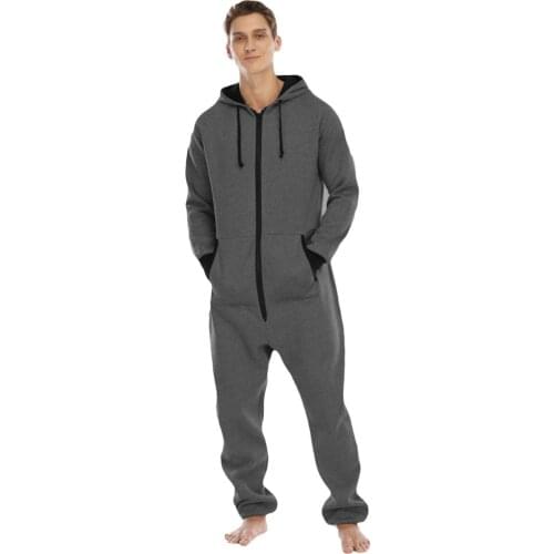 Solid Color Sleepwear Kigurumi Hooded Pajama Sets For Adult Men Pajamas Autumn Winter Warm Pyjamas Overall Suits