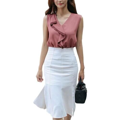 2 Pieces Summer Dress Office Ladies Women Dresses Ruffles Vneck Sleeveless White Sundress Bandage Vestido De Festa Mujer Femme
