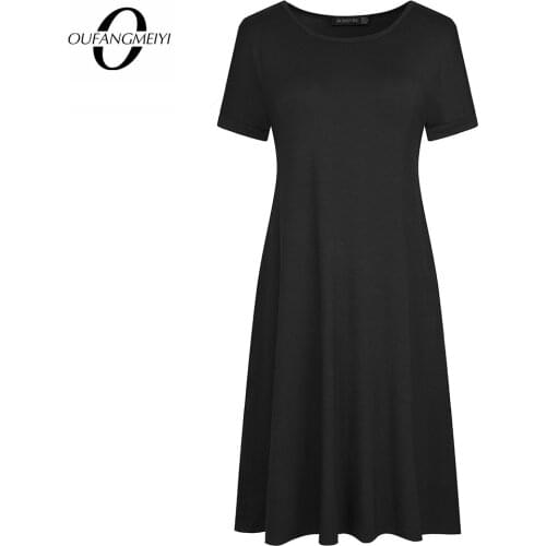 Casual Summer Brief Basic Women O Neck Solid Color Elegant Soft Dress EA211