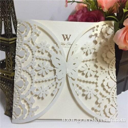 30pcs free shipping laser cutting European flower with butterfly wedding invitation cards text customized for party invitation