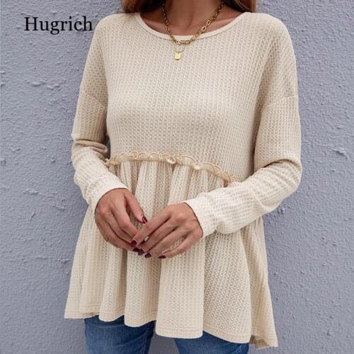 Womens Casual Knitted Pullover Loose Solid O-Neck Long Sleeves Waffle Plaid Pleated Hem Knitting Pullover Sweaters Autumn
