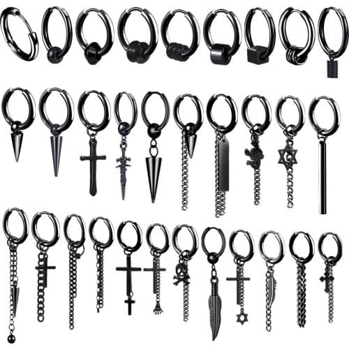 Punk Black Stainless Steel Hoop Earrings For Men Women 2021 Trendy Small Cross Round Geometry Hip Hop Piercing Jewelry Earrings