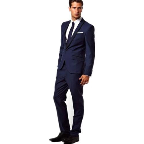 Navy Blue Men Suits For Wedding Black Peaked Lapel Grooms Tuxedos Two Piece Suits Slim Business Office Work Suit terno masculino