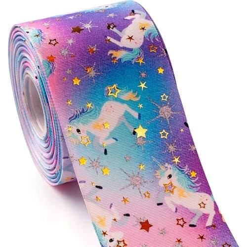 3" 75mm 10yard star gold foil on colorful printed grosgrain ribbon Thermal transfer Printe
