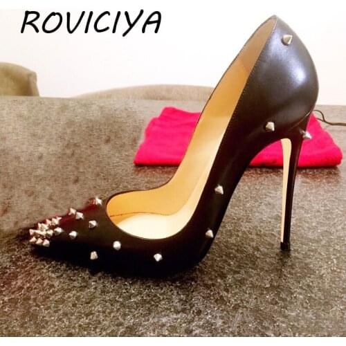 White women high heels 12cm pumps wedding shoes rivet pointed toe womens shoes sexy shallow pumps MD030 ROVICIYA