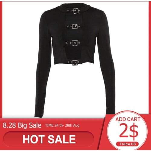 Cropped T-shirt Women Gothic Hollow Out Black Club Sexy Crops Top Slim Spring Girl Streetwear Long Sleeve Casual T Shirts