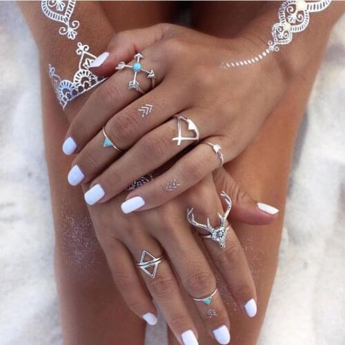 7 Pcs/set Vintage Bohemian Jewelry Ring Set Punk Antique Silver Color Geometric Knuckle Midi Rings For Women Boho Jewelry Gifts