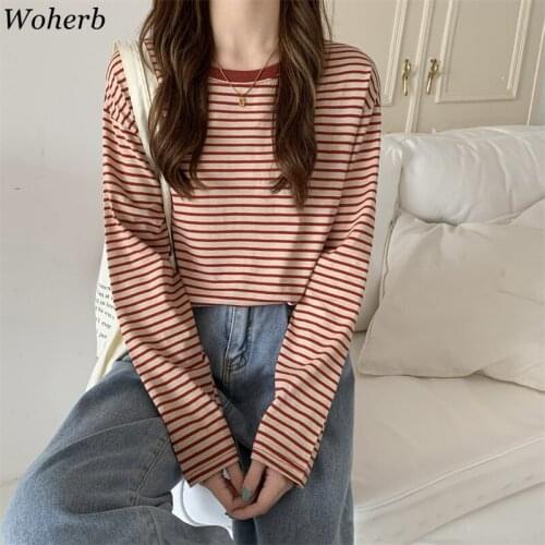 Woherb Autumn Korean Fashion 2021 Long Sleeve T-shirt Women Vintage All Match Striped Tee Shirts Students Grunge Casual Tshirts
