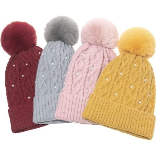 Pearl Crimping Solid Color Women Pompom Hat Keep Warm Fashion New Stripe Knit Winter Hat Ski Cap Beanie