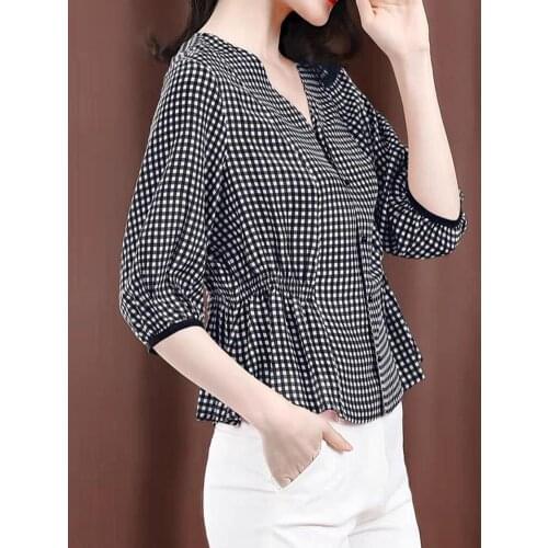 Stylish Women V Neck 3/4 Sleeve Plaid Blouse Waist Tight Ruffled Hem T-shirt Top