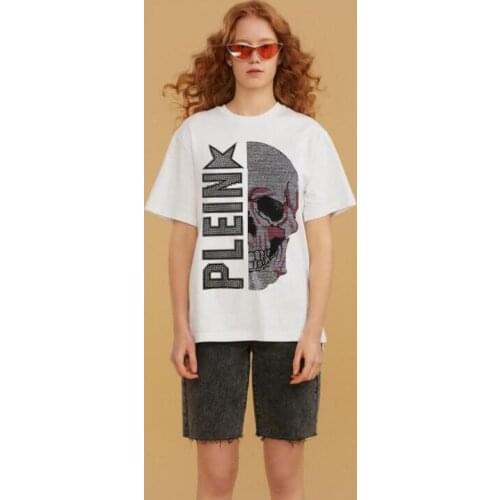 Women Hot drilling summer Girls Casual Skulls T-shirt Short Sleeve Loose Tshirt Tops femme Rhinestone Street wear