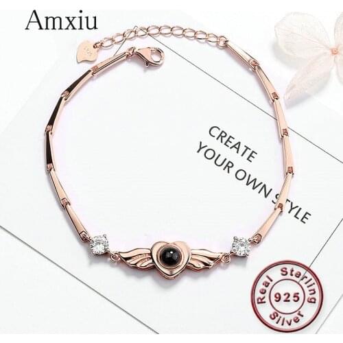 Amxiu 925 Sterling Silver Bracelet 100 languages I love you projection Bracelet Heart Charm Bracelet for Women Wedding Jewelry