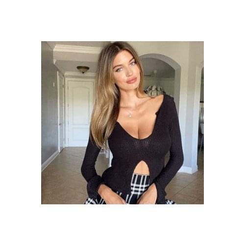 Women’s Summer Long-sleeved Top Fashion Solid Color Split Exposed Navel Square Collar T-shirt