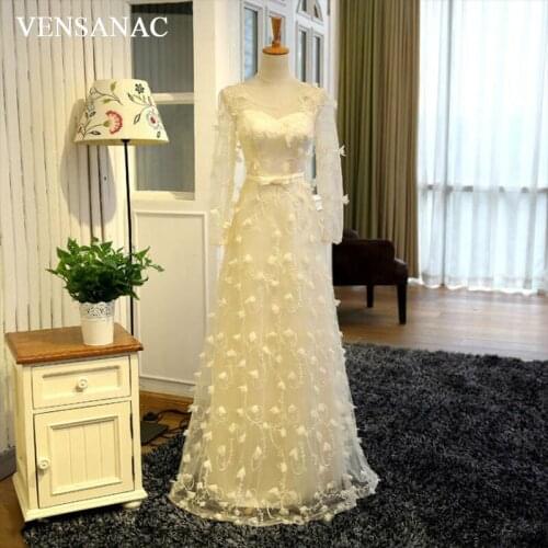 VENSANAC New A Line 2017 Flowers O Neck Long Evening Dresses Full Sleeve Elegant Lace Embroidery Sweep Train Party Prom Gowns