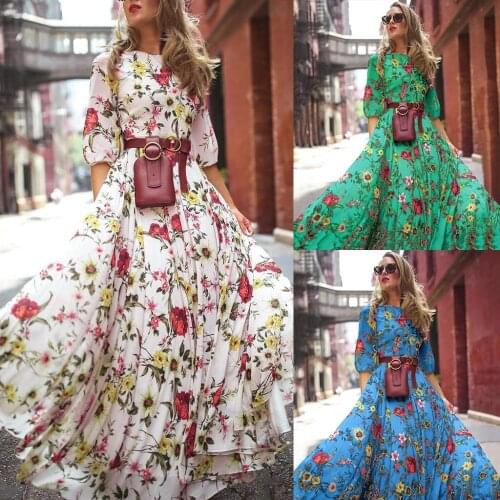 Dress women Summer beach skirt womens floral dress casual round neck sexy party dress long skirt