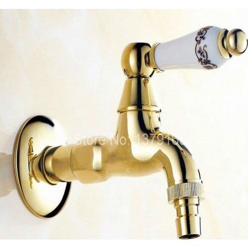 Gold Color Brass Ceramic Flower Pattern Handle Extra Long washer faucet wall mounted Laundry bathroom Mop Water Tap aav135