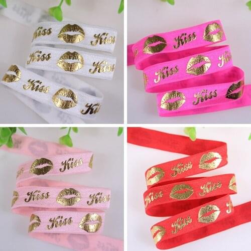 4 colors gold foil sexy lips kiss Printed foe elastic for valentine 5/8" fold over elastic 50 yards per lot