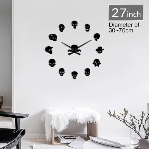 DIY 3D Acrylic Wall Clock Frameless Skull Heads Big Needles Zombie Head Giant Wall Art Clock Watch Self Adhesive Mirrors Surface