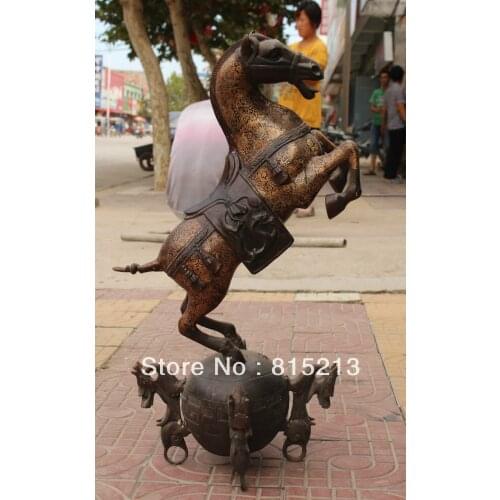 Bi00316 32"Huge Chinese Bronze Gilt Dragon Beast Sucessful Running Safety Horse Statue