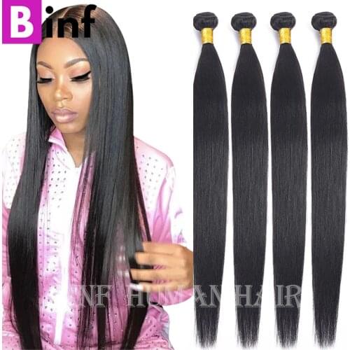 BINF Straight Bundles 28 36 38 40 Inch Remy Peruvian Hair Weave 1/3/4 Human Hair Bundles Natural Color 100% Human Hair Extension